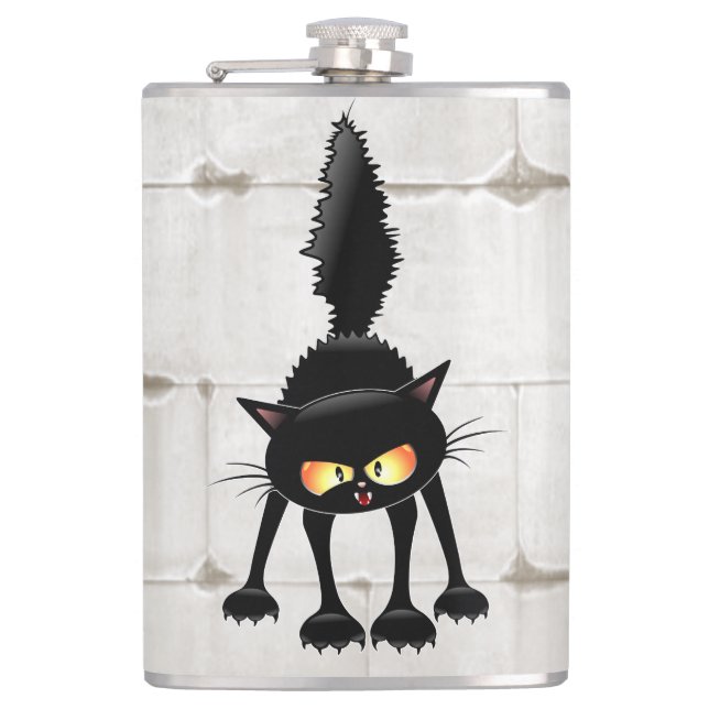 Funny Fierce Black Cat Cartoon  Flask (Front)