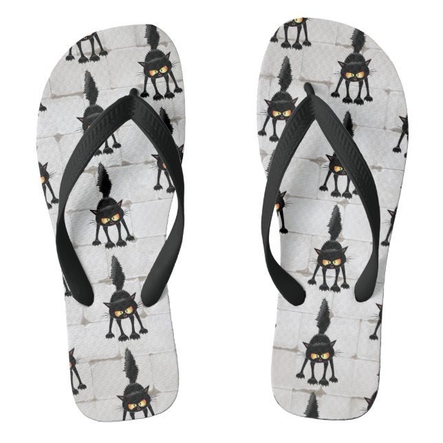 Funny Fierce Black Cat Cartoon  Flip Flops (Footbed)