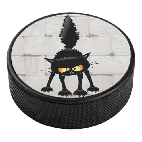 Funny Fierce Black Cat Cartoon  Hockey Puck