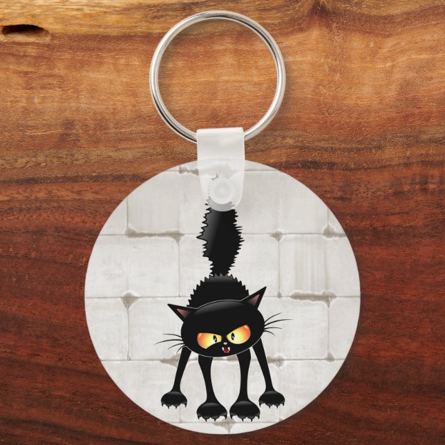 Funny Fierce Black Cat Cartoon  Keychain (Front)
