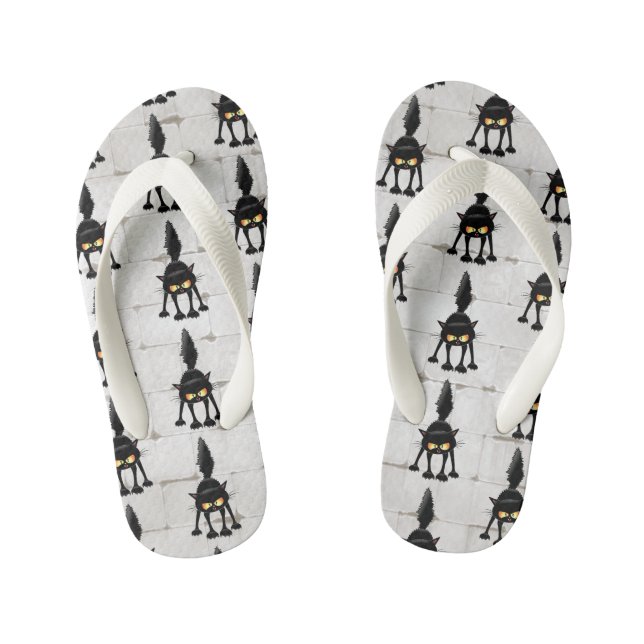 Funny Fierce Black Cat Cartoon  Kid's Flip Flops (Footbed)