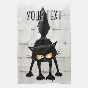 Funny Fierce Black Cat Cartoon Kitchen Towel