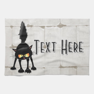 Funny Fierce Black Cat Cartoon Kitchen Towel