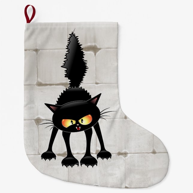 Funny Fierce Black Cat Cartoon  Large Christmas Stocking (Front)