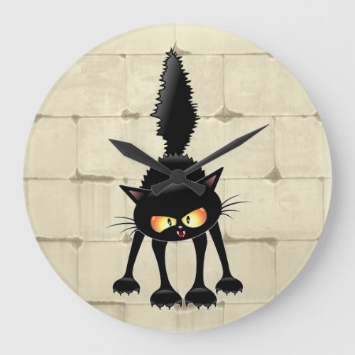 Funny Fierce Black Cat Cartoon  Large Clock