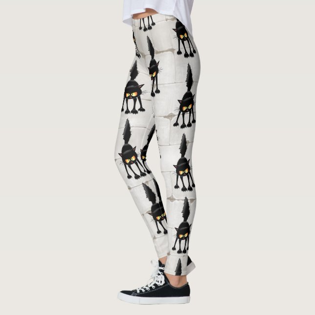 Funny Fierce Black Cat Cartoon  Leggings (Left)