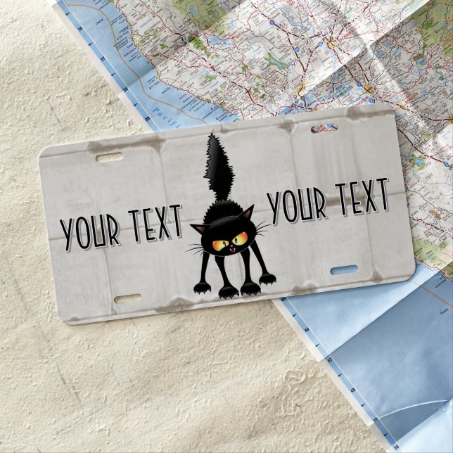 Funny Fierce Black Cat Cartoon  License Plate (In Situ)