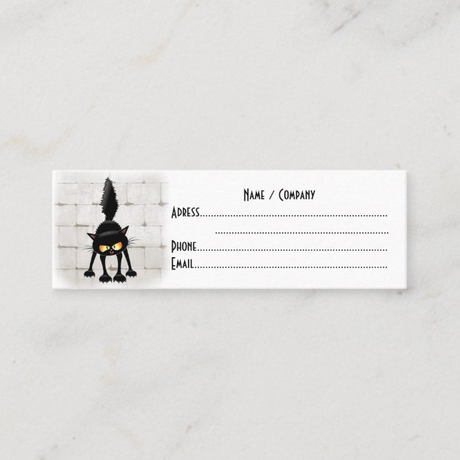 Funny Fierce Black Cat Cartoon  Mini Business Card (Front)