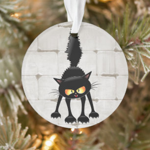 Funny Fierce Black Cat Cartoon Ornament