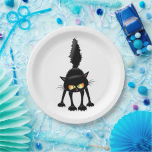 Funny Fierce Black Cat Cartoon Paper Plates
