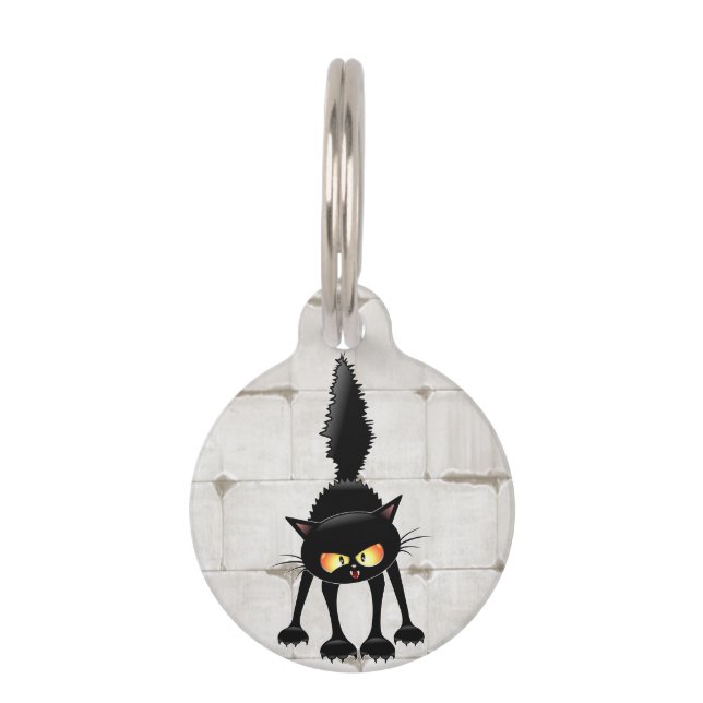 Funny Fierce Black Cat Cartoon  Pet ID Tag (Front)