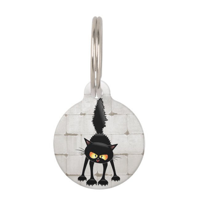 Funny Fierce Black Cat Cartoon  Pet ID Tag (Front)