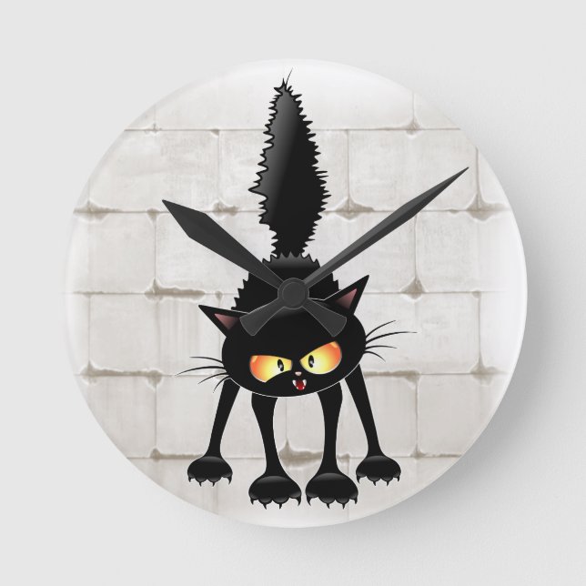 Funny Fierce Black Cat Cartoon  Round Clock (Front)