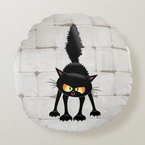 Funny Fierce Black Cat Cartoon  Round Pillow