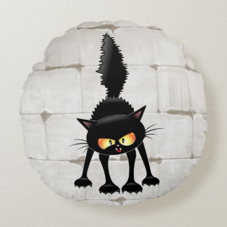 Funny Fierce Black Cat Cartoon  Round Pillow