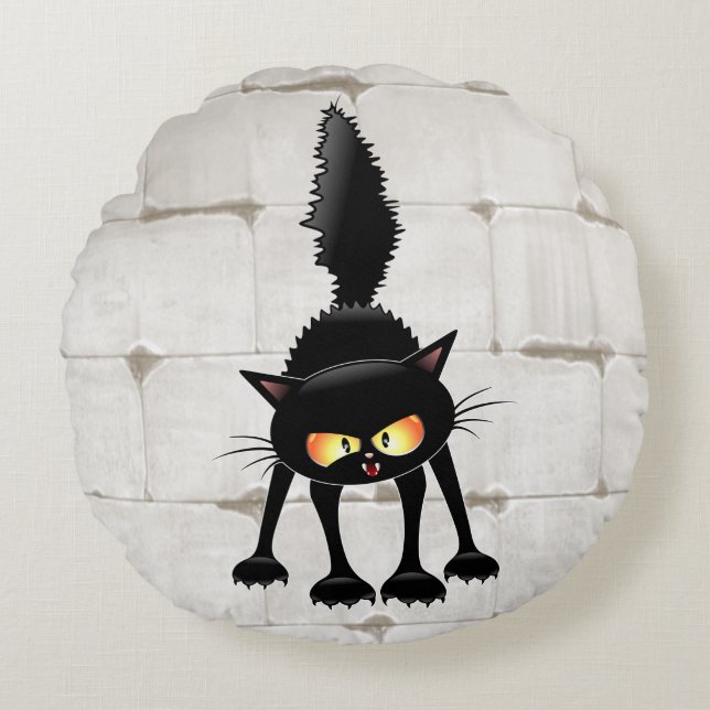 Funny Fierce Black Cat Cartoon  Round Pillow (Front)