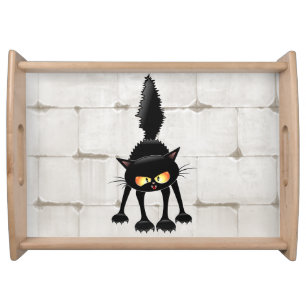 Funny Fierce Black Cat Cartoon Serving Tray
