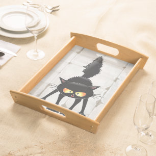 Funny Fierce Black Cat Cartoon Serving Tray