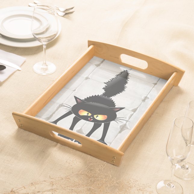 Funny Fierce Black Cat Cartoon  Serving Tray (Front)