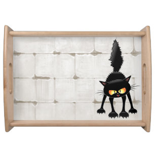 Funny Fierce Black Cat Cartoon Serving Tray