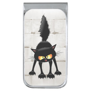 Funny Fierce Black Cat Cartoon  Silver Finish Money Clip