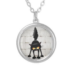 Funny Fierce Black Cat Cartoon  Silver Plated Necklace
