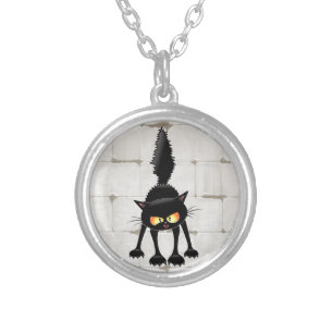 Funny Fierce Black Cat Cartoon Silver Plated Necklace