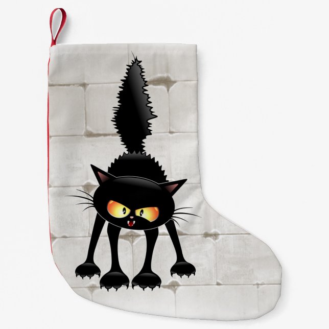 Funny Fierce Black Cat Cartoon  Small Christmas Stocking (Front)