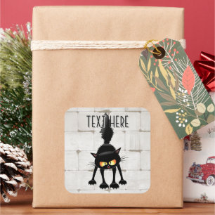Funny Fierce Black Cat Cartoon Square Sticker