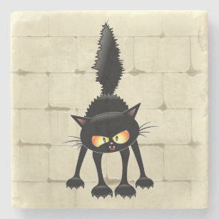 Funny Fierce Black Cat Cartoon  Stone Coaster