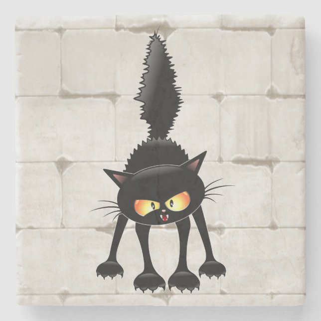 Funny Fierce Black Cat Cartoon  Stone Coaster (Front)