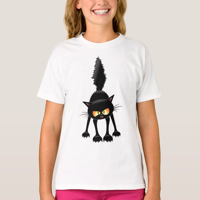 Funny Fierce Black Cat Cartoon  T-Shirt (Front)