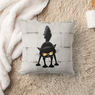 Funny Fierce Black Cat Cartoon  Throw Pillow