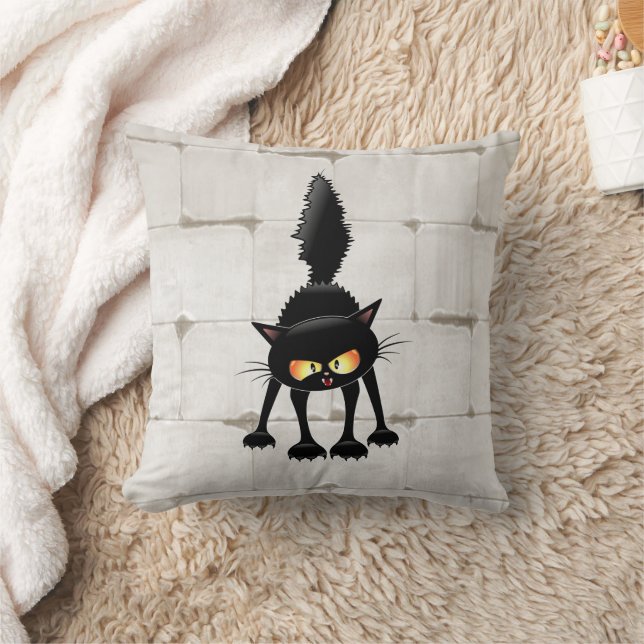 Funny Fierce Black Cat Cartoon  Throw Pillow (Blanket)