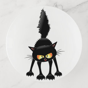 Funny Fierce Black Cat Cartoon Trinket Tray