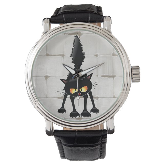 Funny Fierce Black Cat Cartoon  Watch (Front)