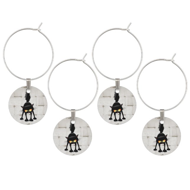 Funny Fierce Black Cat Cartoon  Wine Charm (Staggered)