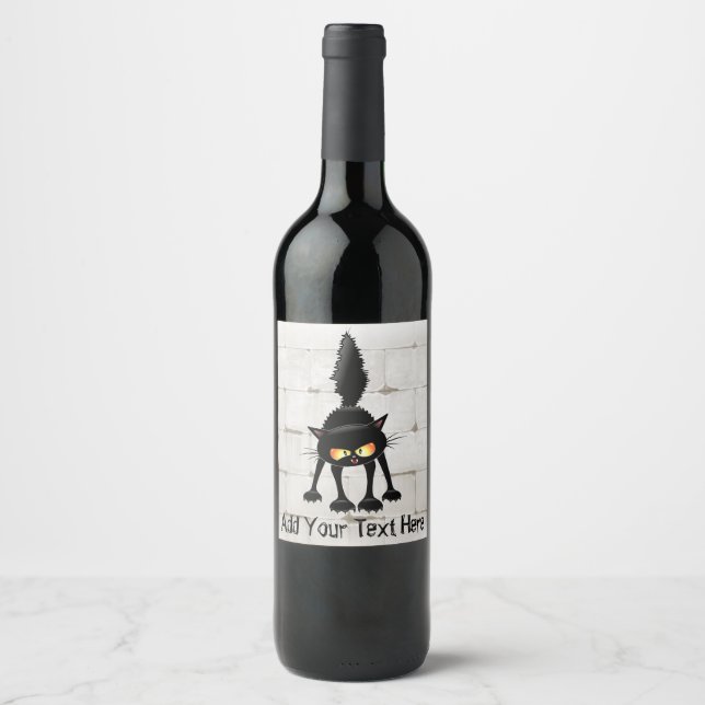 Funny Fierce Black Cat Cartoon  Wine Label (Front)