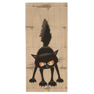 Funny Fierce Black Cat Cartoon Wood Flash Drive