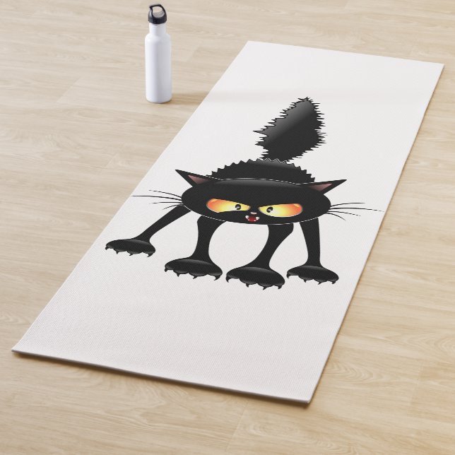 Funny Fierce Black Cat Cartoon Yoga Mat (In Situ)