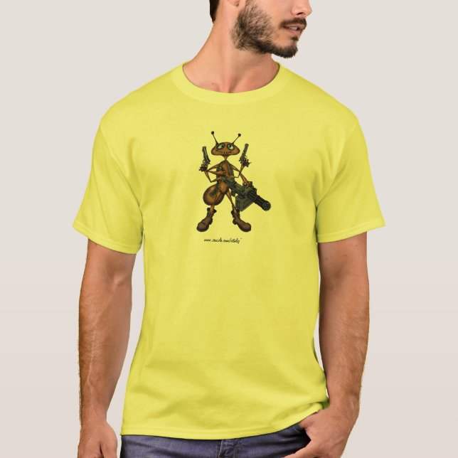 Funny fire ant with guns cartoon drawing t-shirt (Front)