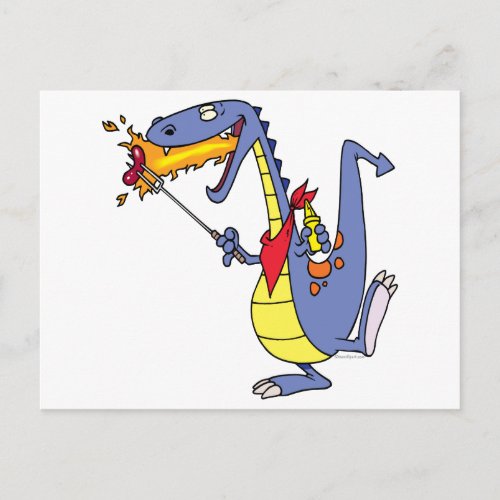 funny fire cooking hot dogs dragon cartoon postcard
