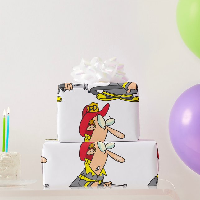 Funny Firefighter with Hose Emergency Responder  Wrapping Paper (Creator Uploaded)