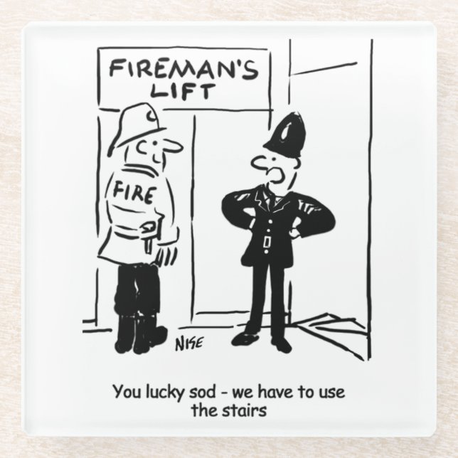 Funny Fireman Firefighter and Policeman Cartoon Glass Coaster (Front)