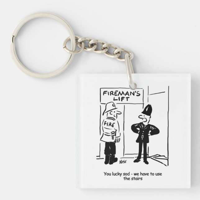 Funny Fireman Firefighter and Policeman Cartoon Keychain (Front)