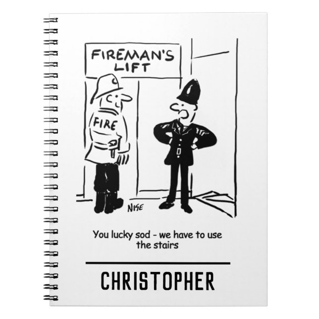 Funny Fireman Firefighter and Policeman Cartoon Notebook (Front)