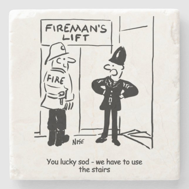 Funny Fireman Firefighter and Policeman Cartoon Stone Coaster (Front)