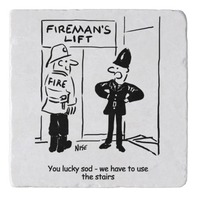 Funny Fireman Firefighter and Policeman Cartoon Trivet (Front)