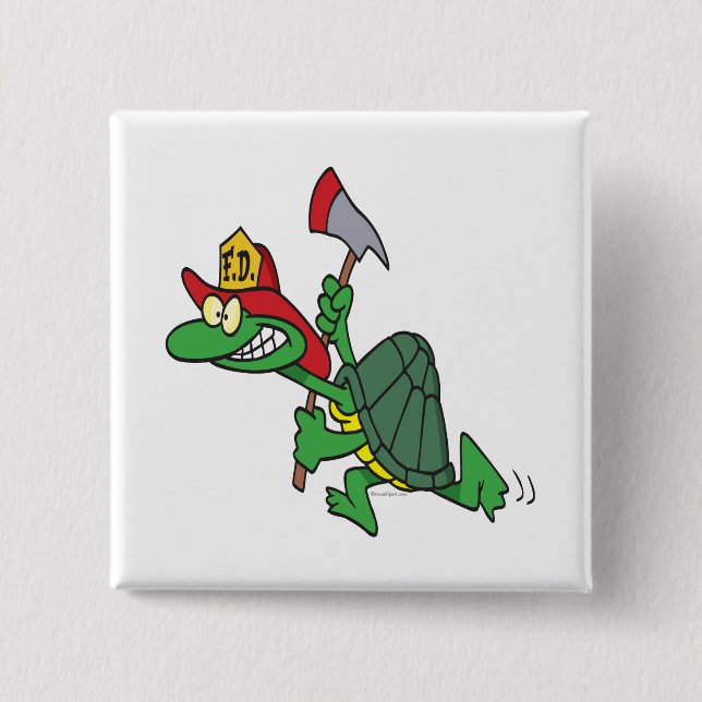 funny fireman firefighter turtle cartoon pinback button (Front)
