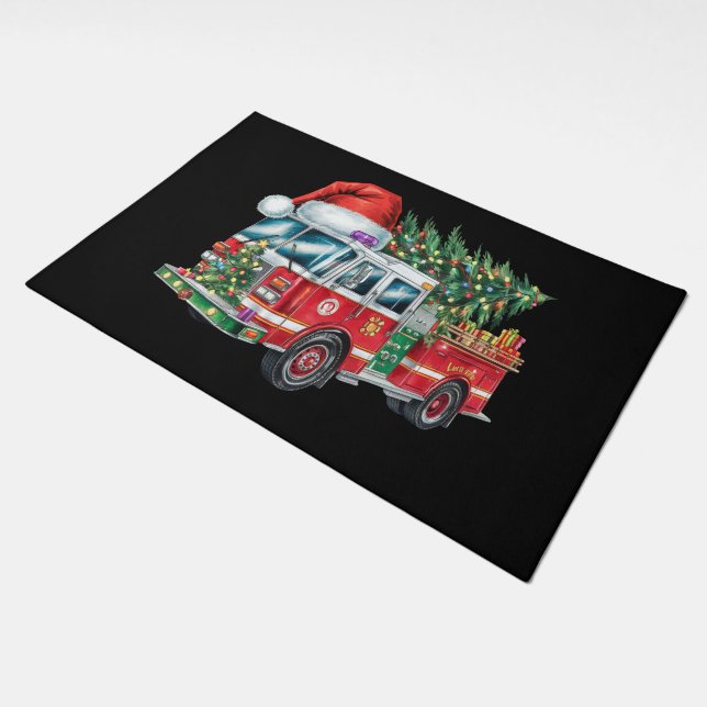 Funny Firetruck Santa Hat Christmas Tree Lights  Doormat (Angled)